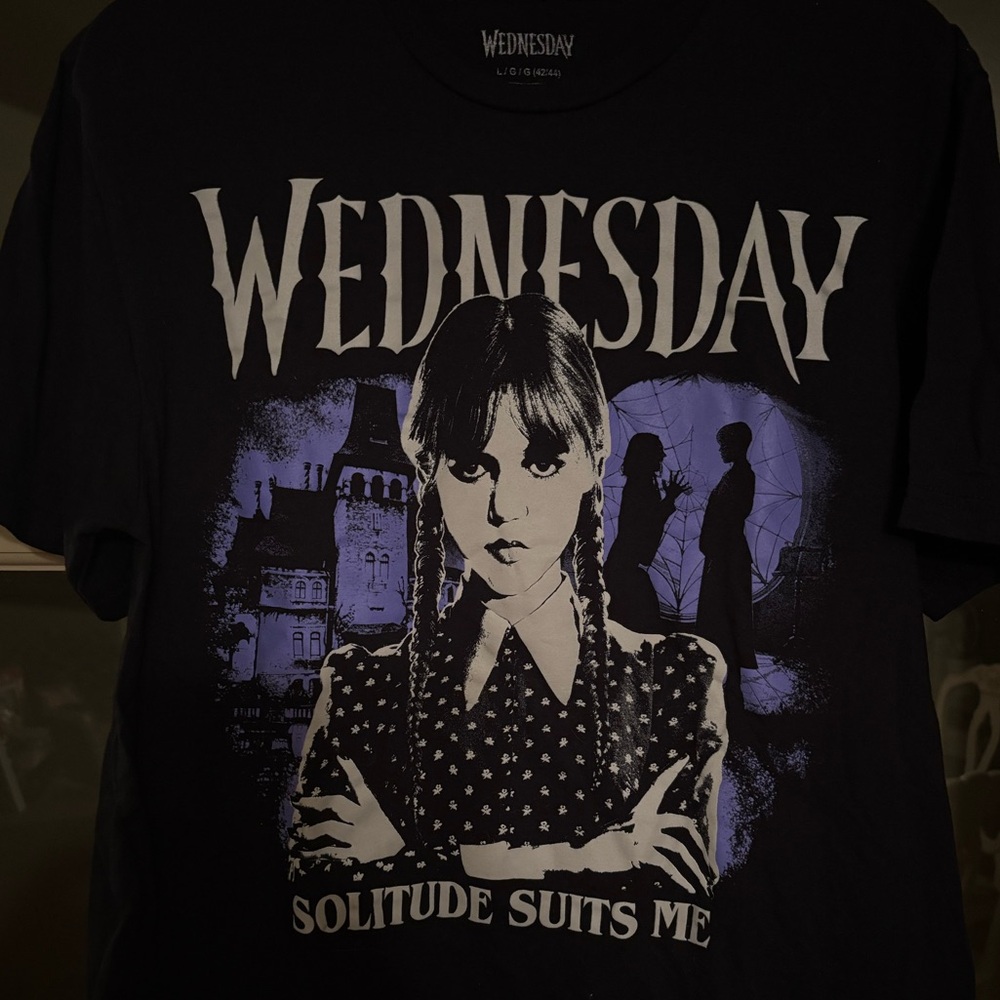 Wednesday Addams branded black cotton t-shirt size large. Short sleeve. Cotton.